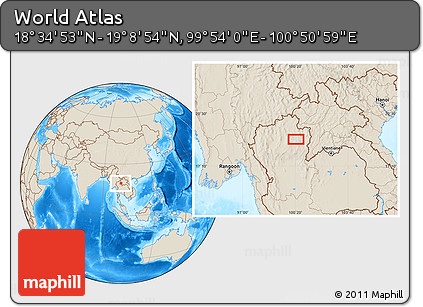 Shaded Relief Location Map of the Area around 18° 51' 53" N, 100° 22' 30" E