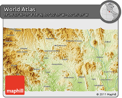 Physical 3D Map of the Area around 18° 51' 53" N, 101° 4' 29" W