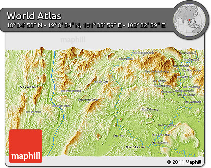 Physical 3D Map of the Area around 18° 51' 53" N, 102° 4' 29" E