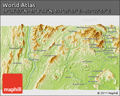 Physical 3D Map of the Area around 18° 51' 53" N, 102° 4' 29" E