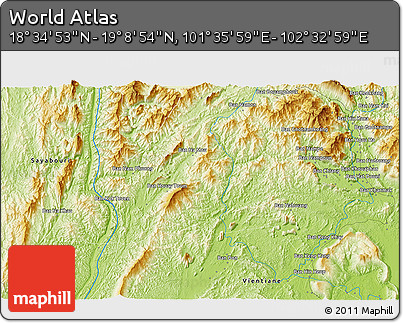 Physical 3D Map of the Area around 18° 51' 53" N, 102° 4' 29" E