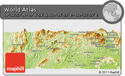 Physical Panoramic Map of the Area around 18° 51' 53" N, 102° 4' 29" E