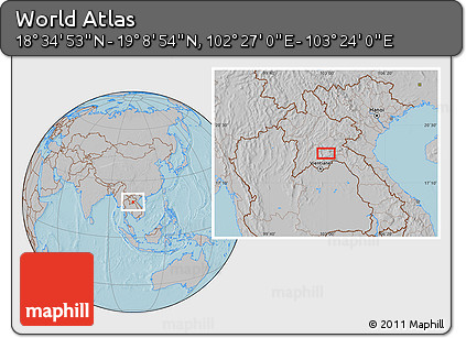 Gray Location Map of the Area around 18° 51' 53" N, 102° 55' 30" E, hill shading
