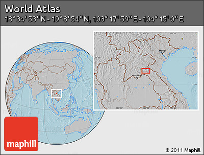 Gray Location Map of the Area around 18° 51' 53" N, 103° 46' 30" E, hill shading