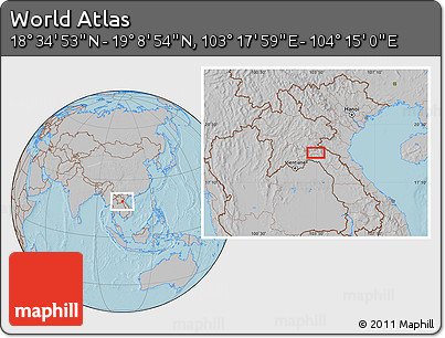 Gray Location Map of the Area around 18° 51' 53" N, 103° 46' 30" E, hill shading