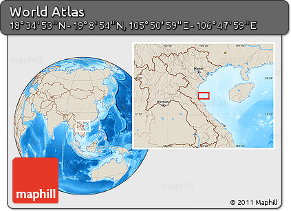 Shaded Relief Location Map of the Area around 18° 51' 53" N, 106° 19' 29" E