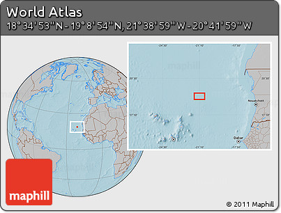 Gray Location Map of the Area around 18° 51' 53" N, 21° 10' 29" W, hill shading