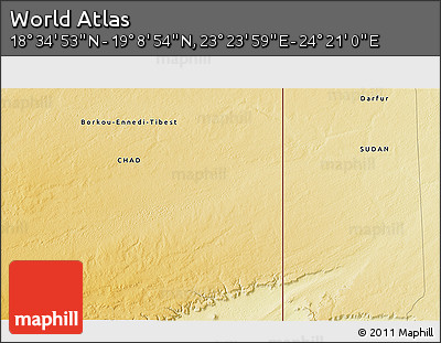 Physical 3D Map of the Area around 18° 51' 53" N, 23° 52' 30" E