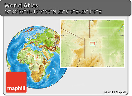 Physical Location Map of the Area around 18° 51' 53" N, 25° 34' 30" E