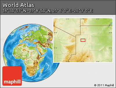 Physical Location Map of the Area around 18° 51' 53" N, 25° 34' 30" E