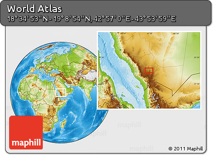Physical Location Map of the Area around 18° 51' 53" N, 43° 25' 29" E