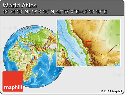 Physical Location Map of the Area around 18° 51' 53" N, 43° 25' 29" E