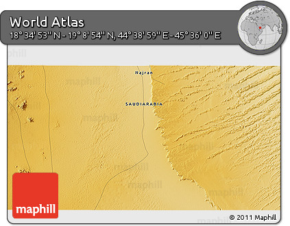 Physical 3D Map of the Area around 18° 51' 53" N, 45° 7' 30" E