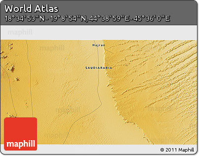 Physical 3D Map of the Area around 18° 51' 53" N, 45° 7' 30" E