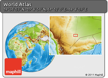 Physical Location Map of the Area around 18° 51' 53" N, 47° 40' 29" E