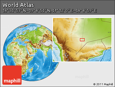 Physical Location Map of the Area around 18° 51' 53" N, 47° 40' 29" E