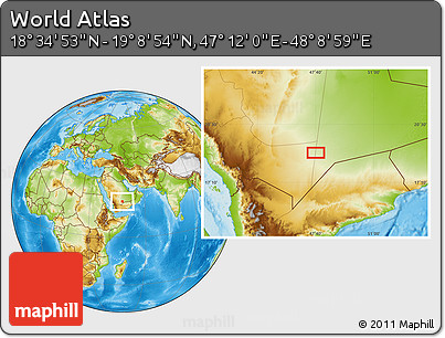 Physical Location Map of the Area around 18° 51' 53" N, 47° 40' 29" E