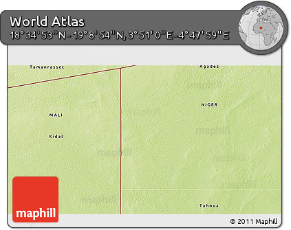 Physical 3D Map of the Area around 18° 51' 53" N, 4° 19' 30" E