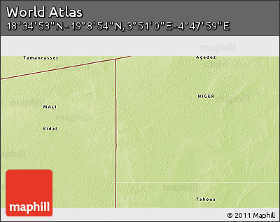 Physical 3D Map of the Area around 18° 51' 53" N, 4° 19' 30" E