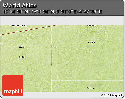 Physical 3D Map of the Area around 18° 51' 53" N, 4° 19' 30" E