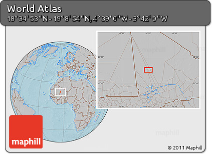Gray Location Map of the Area around 18° 51' 53" N, 4° 10' 30" W, hill shading