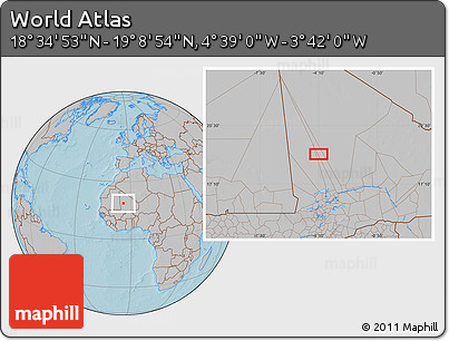 Gray Location Map of the Area around 18° 51' 53" N, 4° 10' 30" W, hill shading