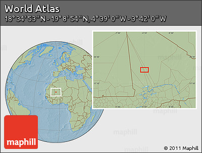 Savanna Style Location Map of the Area around 18° 51' 53" N, 4° 10' 30" W, hill shading