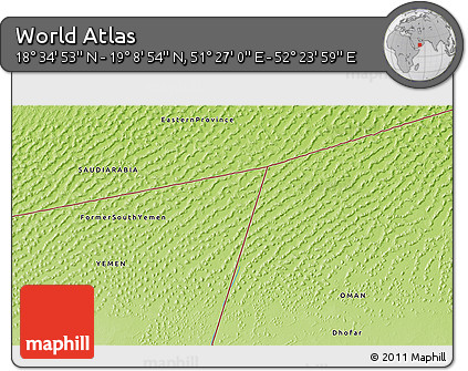 Physical 3D Map of the Area around 18° 51' 53" N, 51° 55' 29" E
