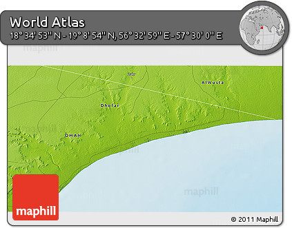 Physical 3D Map of the Area around 18° 51' 53" N, 57° 1' 29" E