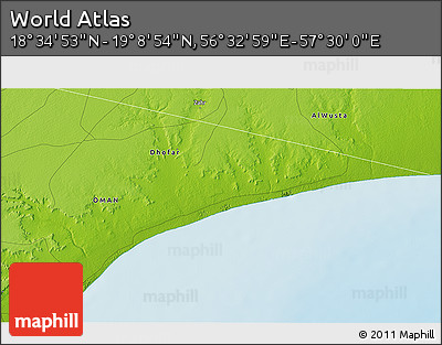 Physical 3D Map of the Area around 18° 51' 53" N, 57° 1' 29" E