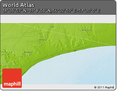 Physical 3D Map of the Area around 18° 51' 53" N, 57° 1' 29" E
