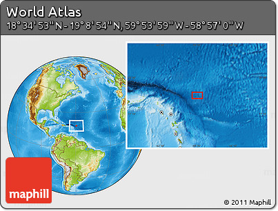 Physical Location Map of the Area around 18° 51' 53" N, 59° 25' 29" W