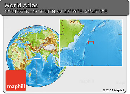 Physical Location Map of the Area around 18° 51' 53" N, 61° 16' 29" E