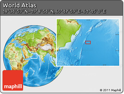 Physical Location Map of the Area around 18° 51' 53" N, 61° 16' 29" E