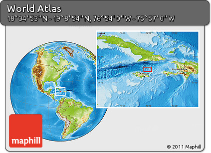 Physical Location Map of the Area around 18° 51' 53" N, 76° 25' 30" W
