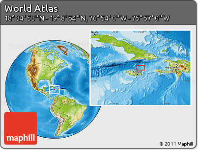 Physical Location Map of the Area around 18° 51' 53" N, 76° 25' 30" W