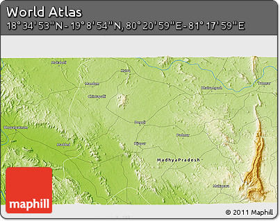 Physical 3D Map of the Area around 18° 51' 53" N, 80° 49' 29" E