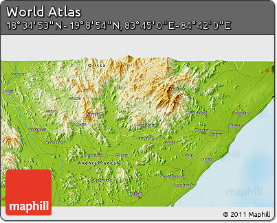 Physical 3D Map of the Area around 18° 51' 53" N, 84° 13' 29" E