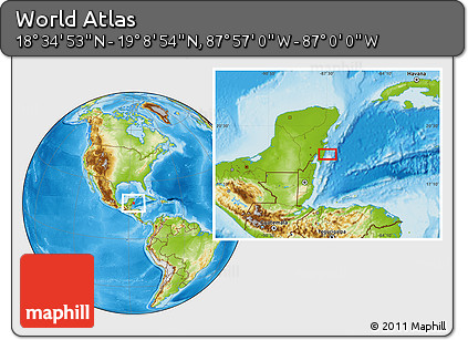 Physical Location Map of the Area around 18° 51' 53" N, 87° 28' 29" W