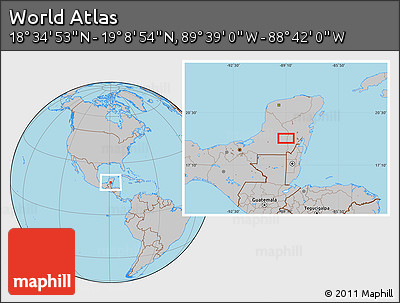 Gray Location Map of the Area around 18° 51' 53" N, 89° 10' 30" W