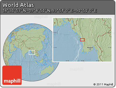 Savanna Style Location Map of the Area around 18° 51' 53" N, 94° 25' 30" E, hill shading