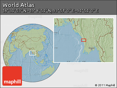 Savanna Style Location Map of the Area around 18° 51' 53" N, 94° 25' 30" E, hill shading