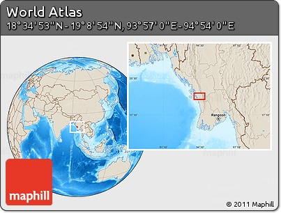 Shaded Relief Location Map of the Area around 18° 51' 53" N, 94° 25' 30" E