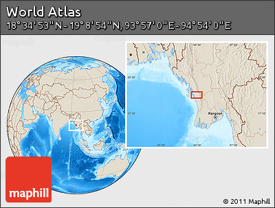 Shaded Relief Location Map of the Area around 18° 51' 53" N, 94° 25' 30" E