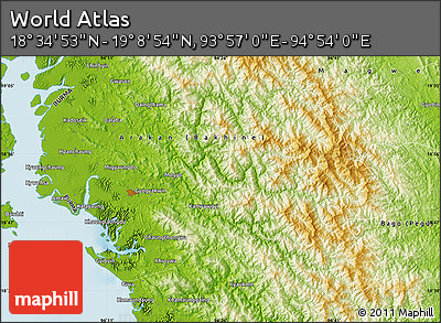Physical Map of the Area around 18° 51' 53" N, 94° 25' 30" E