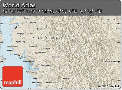 Shaded Relief Map of the Area around 18° 51' 53" N, 94° 25' 30" E