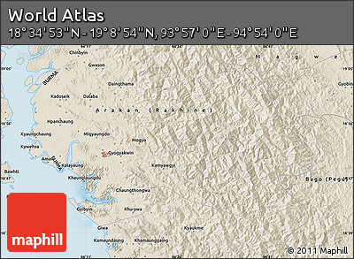Shaded Relief Map of the Area around 18° 51' 53" N, 94° 25' 30" E