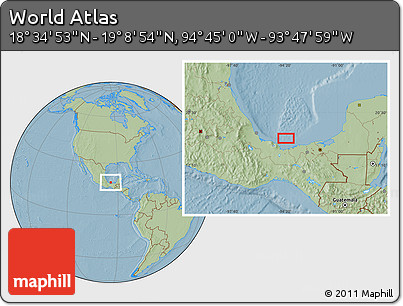 Savanna Style Location Map of the Area around 18° 51' 53" N, 94° 16' 30" W, hill shading