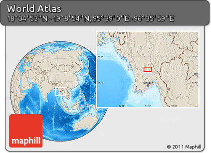 Shaded Relief Location Map of the Area around 18° 51' 53" N, 96° 7' 30" E