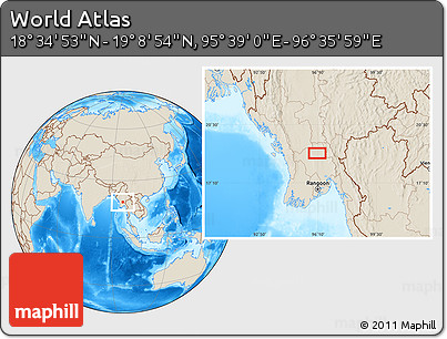 Shaded Relief Location Map of the Area around 18° 51' 53" N, 96° 7' 30" E